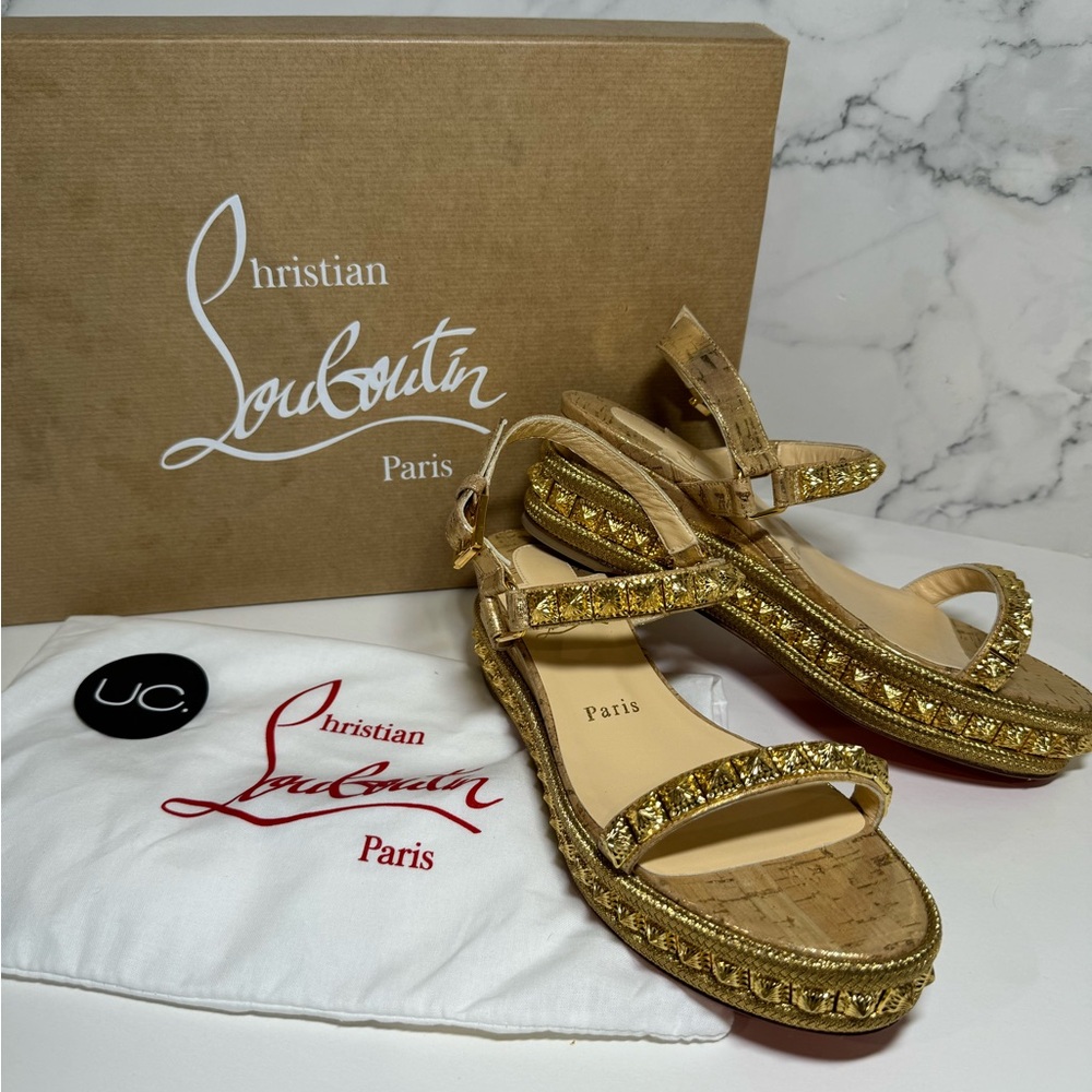 Christian Louboutin Gold Embellished Cork Platform Sandals